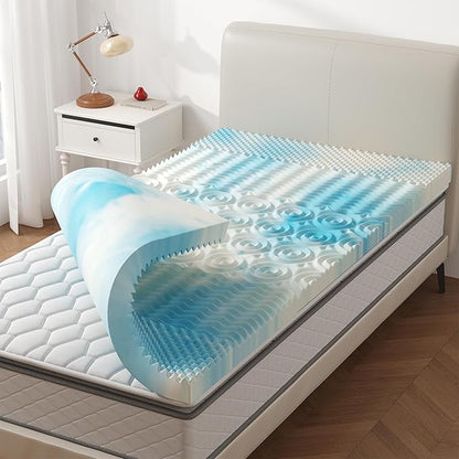 NEWBULIG Memory Foam Mattress Topper, Twin 2 Inch 5-Zone Egg Crate Bed Toppers, Cooling Gel Infused Foam Mattress Topper Pad for Pressure Relief, CertiPUR-US Certified, Blue
