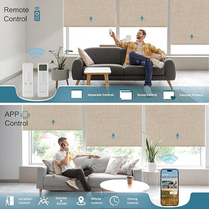 Motorized Shades with Remote,100% Blackout Smart Shades Work with Homekit, Alexa, Google Home, Remote Control, Electric Blinds with USB/Solar Pannel Charging, Linen Caramel