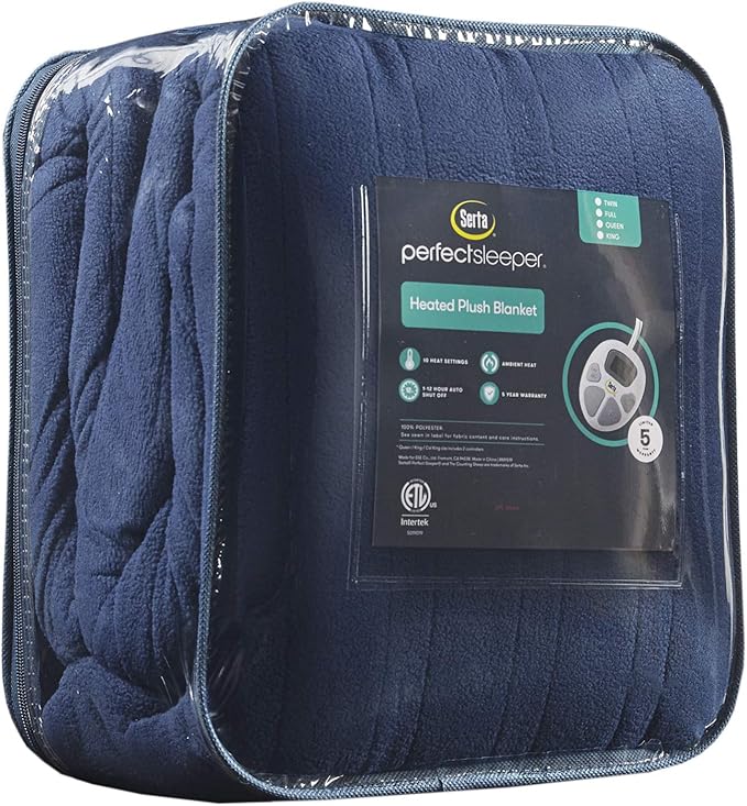 Serta Heated Blanket - Reversible Fleece to Sherpa Electric Blanket, Fast Heating, Auto Shut Off Timer, Multi Heat Setting, ETL Certified, Machine Washable, Blue Queen