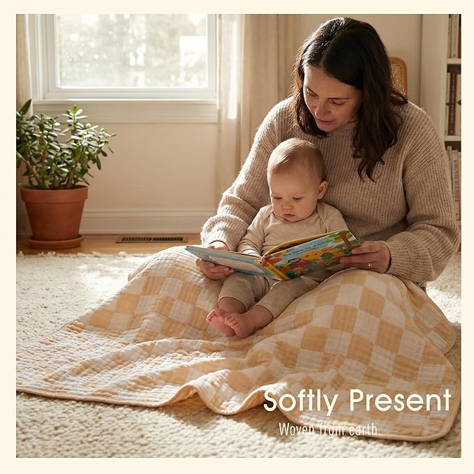 Ultra Soft Muslin Baby Blanket - Made with Organic Cotton, Neutral Earth Tone Checkered Swaddle & Crib Quilt, 43x43 (Beige)