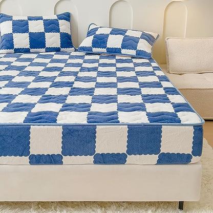 Milk Velvet Checkered Bedding Mattress Cover, Super Soft Elastic Bed Sheets with Pillowcase - Washable 12'' Deep Pocket Mattress Pad