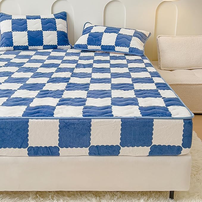 Milk Velvet Checkered Bedding Mattress Cover, Super Soft Elastic Bed Sheets with Pillowcase - Washable 12'' Deep Pocket Mattress Pad