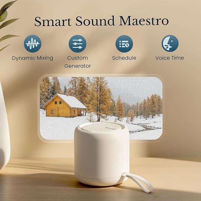 TimeVocalist White Noise Machine & Alarm Clock: Dynamic Sound Mixing, Ambient and Color Noises, Custom Soundscapes, App Control, Multiple Alarms, Sleep Training, 100 Volume Levels, Built in Battery
