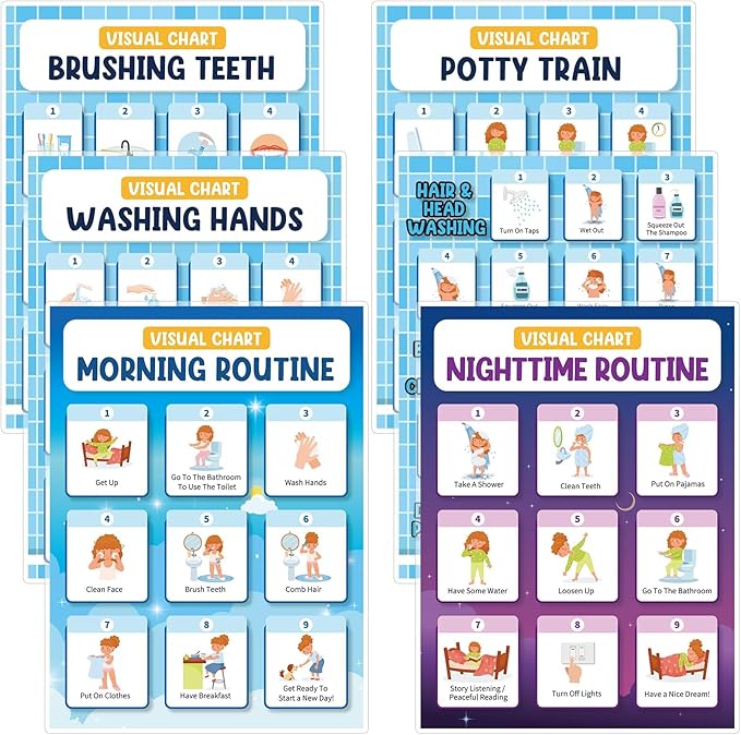 6 PCS Daily Step Visual Schedules Night and Morning Routine Chart for Kids Laminated Children Self Care Chart Visual Guide for Children Special Needs and Autism Promotes Independent Hygiene Routine