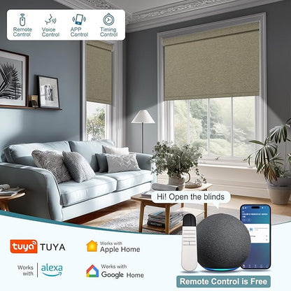 BERISSA Motorized Blinds with Remote,Blackout Smart Roller Shades with App,Voice Control,Linen Fabric,Thermal Insulated Automatic Blinds,Electric Shades with USB/Solar Pannel.Coffee Brown