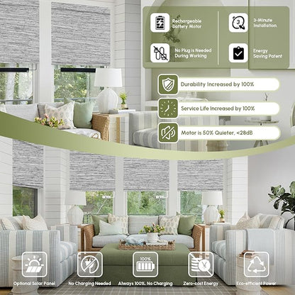 FineTell Motorized Blinds with Remote, 100% Blackout Roller Shades Compatible with Alexa,Apple Homekit,Google Home APP and Voice Control, Customized Electric Blinds (100% Blackout Dreamy Grey)