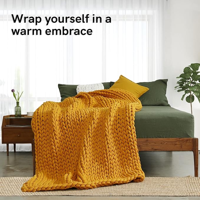 YnM Knitted Weighted Blanket, Handmade Chunky Knitted Design, Soft and Cozy, Temperature Regulating and Breathable, Machine Washable Throw for Sleep or Home Decor (Yellow Fusion, 50x60 Inch, 10lbs)