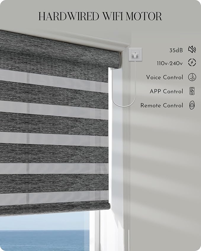 Graywind Motorized Blinds with Remote, Smart Zebra Shades for Windows, Hardwired Roller Blinds Compatible with Apple Homekit, Alexa, Google Home, Custom Size,Night Fog