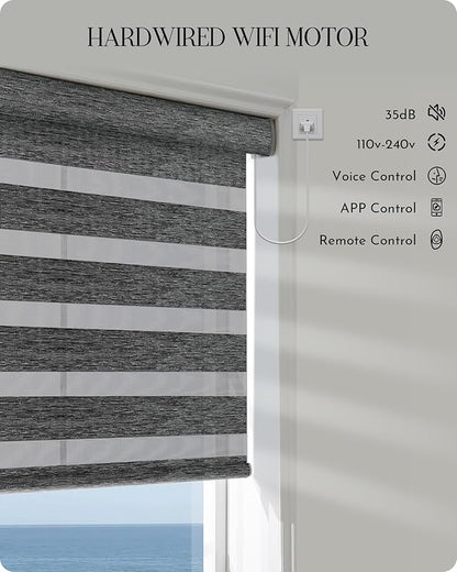 Graywind Motorized Blinds with Remote, Smart Zebra Shades for Windows, Hardwired Roller Blinds Compatible with Apple Homekit, Alexa, Google Home, Custom Size,Night Fog
