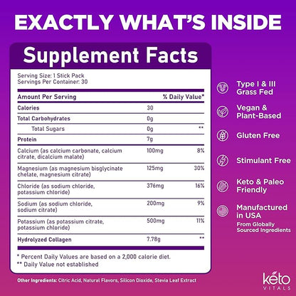 Keto Vitals Collagen Powder for Women Plus Electrolytes - 30 Travel Packets - 7.78G of Type I & III Grass Fed Hydrolyzed Collagen Peptides & 7G Protein Per Stick - Colageno Hidrolizado for Women