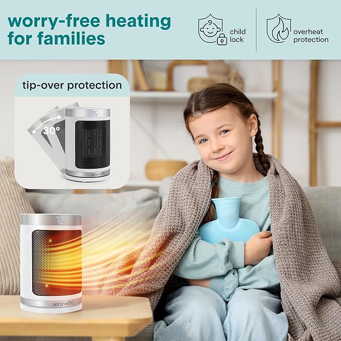 SereneLife Smart Space Heater – 1500W Indoor Electric Heater with Thermostat, Remote Control, 12-Hour Timer, Wi-Fi Enabled PTC Ceramic Heating for Home and Office, White (5.9" x 5.9" x 9.5")