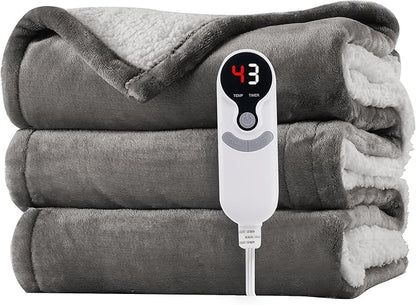 Electric Heated Blanket Twin Size 62"x84" - Flannel & Sherpa Fabric Dual-Sided, 6 Heat Settings & 10 Hours Auto Off, Soft & Cozy Warming Throw for Home, Office, or Bed, Machine Washable, Light Gray