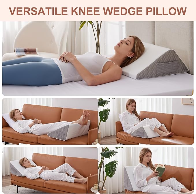 Bedluxe Knee Pillow for Back Sleeping, Leg Pillow Knee Wedge Pillow, Memory Foam Wedge Pillows for Legs Post Surgery, Triangle Pillow for Knee Support, Leg Elevation, Knees Hip Back Pain Relief, White
