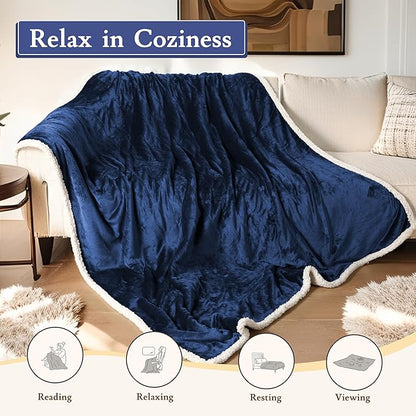 Electric Heated Blanket 62"x84" Twin Size Flannel & Sherpa - 4 Heat Settings & 10H Auto Shut Off for Safe Overnight Use, Fast Heating, Machine Washable for Bed, Couch, Office - Dark Blue