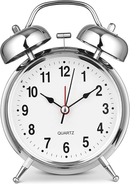 Bernhard Products Analog Alarm Clock Twin Bell 4" Silver Metal Extra Loud Quartz Battery Operated with Backlight Silent Non-Ticking for Bedside Desk Vintage Retro Antique Decorative Old School, Chrome