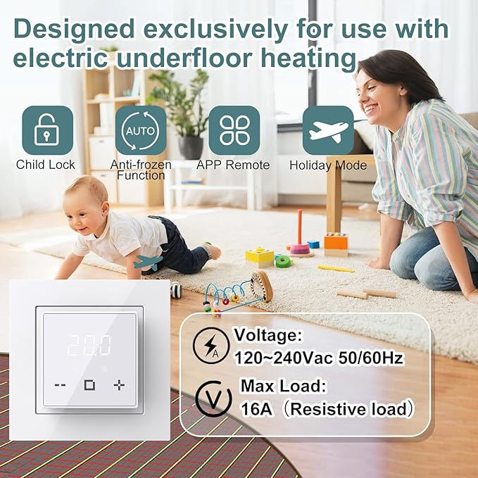HEATIT Programmable Thermostat, WiFi Smart Thermostat for Electric Radiant Floor Heating with Touchscreen, 120V-240V Wide Voltage Range, Dual Sensing, White