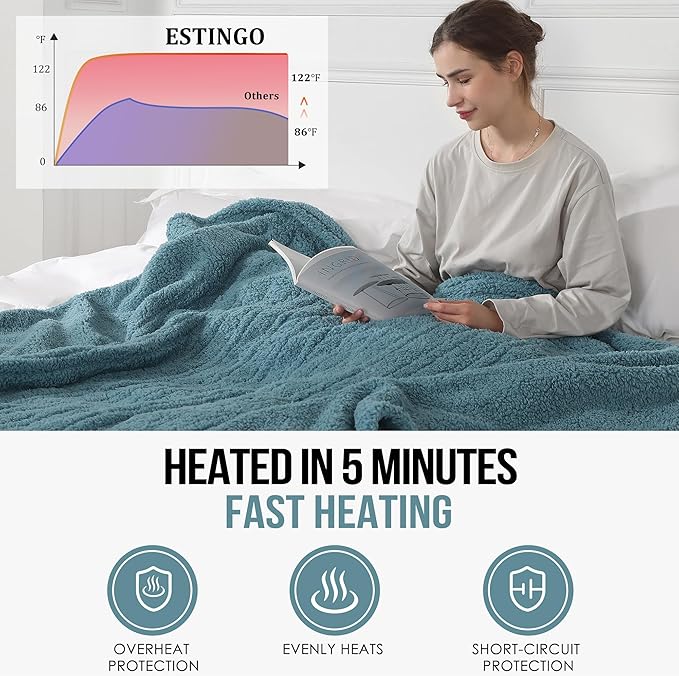 Queen Electric Blanket, Queen Heated Blanket with Two Separate Controllers, Queen Size Large Heating Blanket with 5 Heating Levels & 10 Hours Auto Off, Machine Washable, 84"x90", Slate Blue