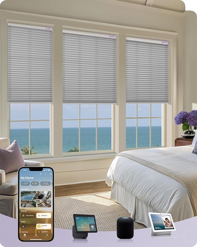 Graywind Motorized Matter Cellular Shades- 60% Blackout 1-3/4"Cell Honeycomb Blinds for Indoor Windows, Compatible with Alexa Google Siri, Custom Size,Pearl Grey