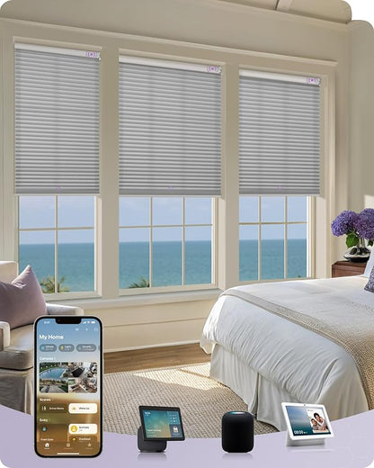 Graywind Motorized Matter Cellular Shades- 60% Blackout 1-3/4"Cell Honeycomb Blinds for Indoor Windows, Compatible with Alexa Google Siri, Custom Size,Pearl Grey