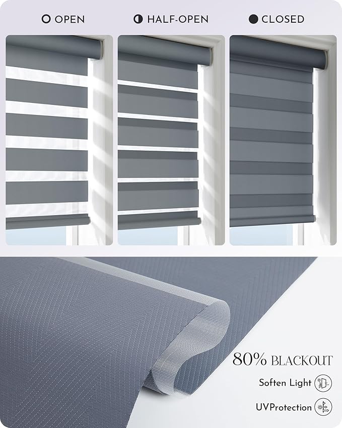Graywind Motorized Blinds with Remote, Smart Zebra Shades for Windows, Roller Blinds Compatible with Apple Homekit, Alexa, Google Home, Custom Size, Luxury Blue Grey