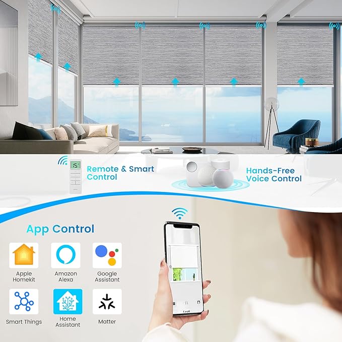 Motorized 100% Blackout Roller Shades – Custom Smart Blinds with Remote Control, Rechargeable Battery or Plug-in Motor, Tuya WiFi Optional, Home & Office Automatic Window Shades (Steel Gray/CH9424)