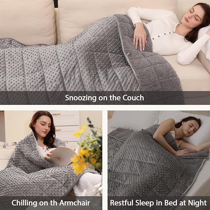 Minky Dot Weighted Blanket for Adults Queen Size 12 lbs, Warm Sherpa Snuggle Heavy Blanket for Autumn Winter with Glass Beads, Great for Stress Relief and Sleep Promotion, Grey 60 x 80 inches