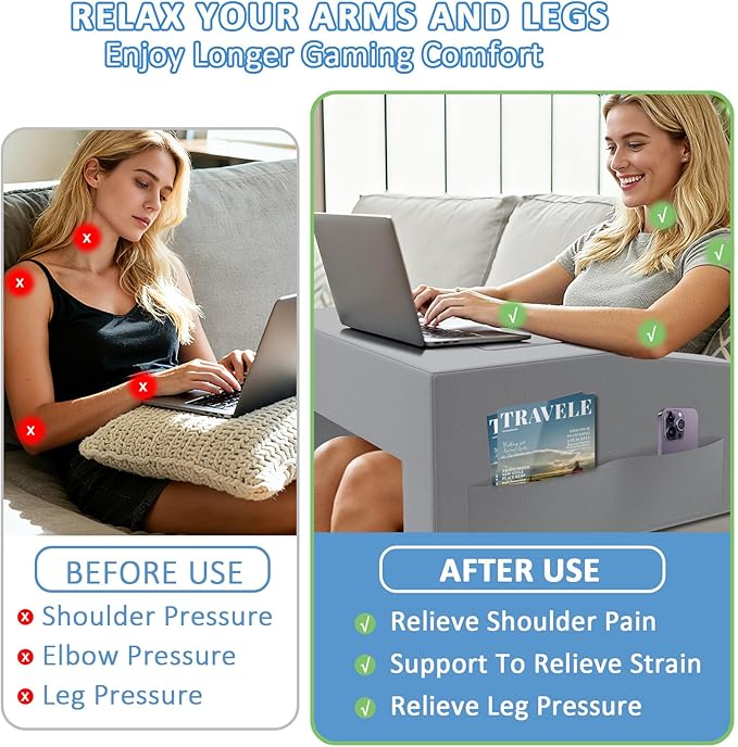 Lap Desk Pillow with Removable Cover Adjustable Angle Gaming & Machine Washable Reading Pillow for Adults Multipurpose Laptop Bed Tray with Arms for Working