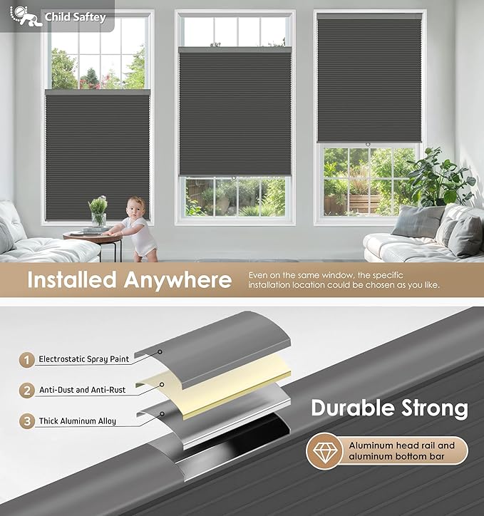 LazBlinds No Tools No Drill Cordless Cellular Shades, Blackout Light Blocking Honeycomb Shades for Home, Thermal Insulation Blinds for Windows, 27" W x 64" H, Black