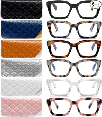 6 Pack Oversize Square Design Reading Glasses for Women, Blue Light Blocking Computer Reader（6 pack Mix +1.25）