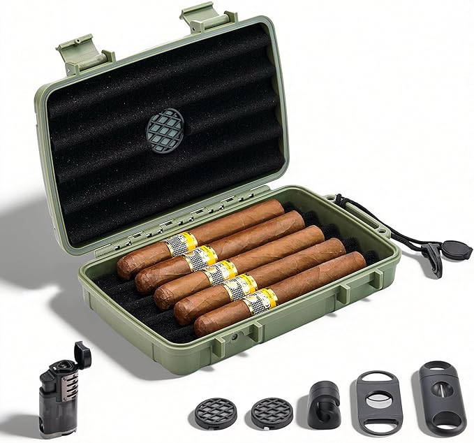 Arctic Loon Travel Cigar Humidor Kit – Holds 5 Cigars (60 RG), Crushproof & Waterproof Portable Cigar Case with Lighter (Without Gas), Cigar Cutter, V-Cutter, Magnetic Cigar Stand, Humidifier (CORE-5)