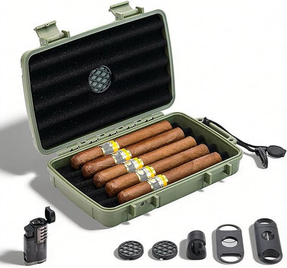 Arctic Loon Travel Cigar Humidor Kit – Holds 5 Cigars (60 RG), Crushproof & Waterproof Portable Cigar Case with Lighter (Without Gas), Cigar Cutter, V-Cutter, Magnetic Cigar Stand, Humidifier (CORE-5)