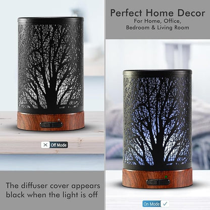 EQUSUPRO Essential Oil Diffuser 150ml Black Metal Aromatherapy Oil Diffuser Ultrasonic Cool Mist Diffuser with Auto Shut-Off Protection,7 Colors Changed LED for Home Office SPA Yoga (A-Tree)