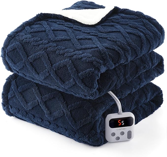CAROMIO Electric Blanket Twin Size - Thick Tufted Sherpa Heated Blanket Twin with 10 Heating Levels and 10 Time Settings, ETL Certified Machine Washable Fast Heating Blanket Twin 62"×84", Navy Blue