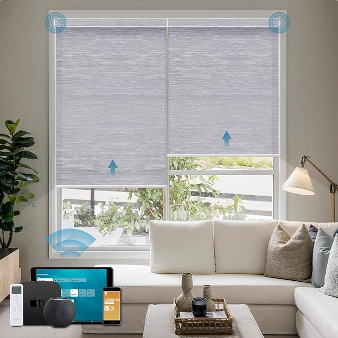 Motorized Shades Compatible with Alexa,Google Asssitant,Homekit Over Thead,70% Blackout Light Filtering Blinds,Smart Shades with Remote, APP/Voice Control,Essential Grey(Classic Grey)