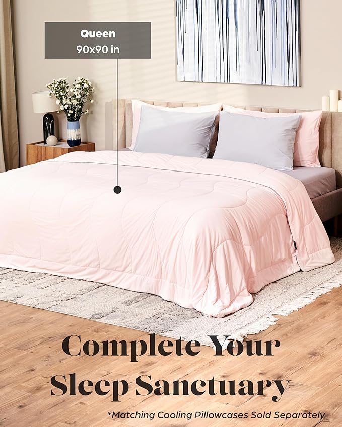 Lavish Comforts® Cooling Comforter Queen Size│Premium Cold Blanket Summer Comforter Q-Max>0.4│Cooling Blanket Queen Size/Full Size 90"x90" Light Pink Bedding