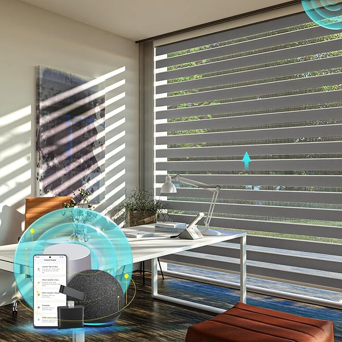 Motorized Zebra Blinds with Remote, Smart Dual Layer Automatic Shades with Privacy Light Control, Cordless Electric Blackout Blind for Indoor Windows, Grey, 48" W x 72" H