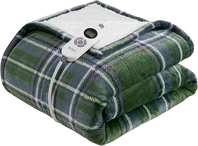 Woolrich Heated Throw Blanket with Ultra Soft Plush and Sherpa Reverse, 12 Heat Settings, Auto Shut-Off, Farmhouse & English Country Gift Throw – Green Plaid Pattern, 50"x60"