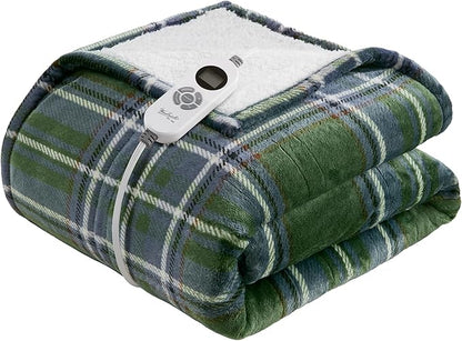 Woolrich Heated Throw Blanket with Ultra Soft Plush and Sherpa Reverse, 12 Heat Settings, Auto Shut-Off, Farmhouse & English Country Gift Throw – Green Plaid Pattern, 50"x60"