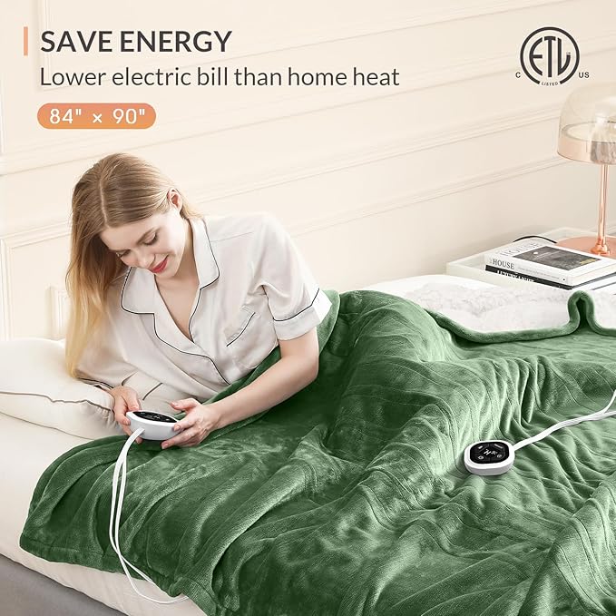 HOMLYNS LuxeHeat Heated Blanket Electric Blanket Queen Size, Soft Flannel Sherpa Heating Blanket with 10 Heat Settings, 1-10 hrs Timer Auto Shut Off (84x90 inches, Green)