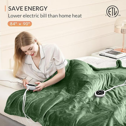 HOMLYNS LuxeHeat Heated Blanket Electric Blanket Queen Size, Soft Flannel Sherpa Heating Blanket with 10 Heat Settings, 1-10 hrs Timer Auto Shut Off (84x90 inches, Green)