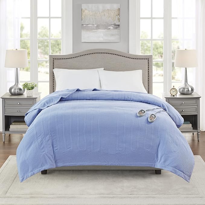 Beautyrest Electric Blanket Luxurious Micro Fleece Ultra Soft Ribbed Textured, Cozy and Snuggly Cover for Cold Weather, Fast Heating, Auto Shut Off, 20 Level Heat Setting Controller, Full, Blue