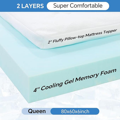 HOMBYS 6IN Thickness Cooling Mattress Topper for Hot Sleepers, Gel Memory Foam Mattress Pad Pillow Top with Fitted Deep Pocket, Soft Bed Topper for Back Pain Relief (Twin)