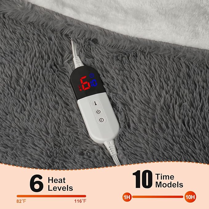 Heated Blanket - Soft Shaggy Faux Rabbit Fur Electric Blanket, Fast Heating Blanket with 10 Hours Auto Shut Off, 6 Fast Heating Levels (Gray, 90"X100")