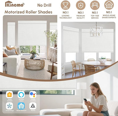 Kincmo No Drill Motorized Blinds with Remote, 100% Blackout Roller Shades for Windows, Custom Electric Blinds Compatible with Alexa, Apple Homekit, Google Home (100% Blackout Dreamy White)
