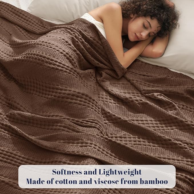 PHF Cooling Waffle Blanket Queen Size, Lightweight 60% Rayon Derived from Bamboo & 40% Cotton Breathable Blanket for Hot Sleepers, Soft and Luxury for Bed Couch and Sofa, 90"x90", Chocolate