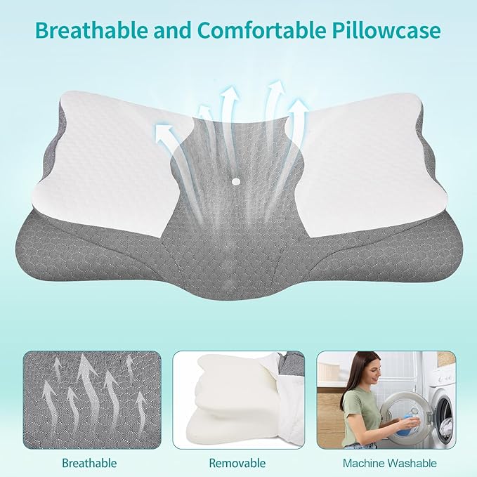 Cervical Neck Pillow for Neck Pain Relief - Memory Foam Ergonomic Neck Support Pillows for Sleeping with Cooling Pillowcase, Orthopedic Contour Pillow for Side, Back and Stomach Sleepers
