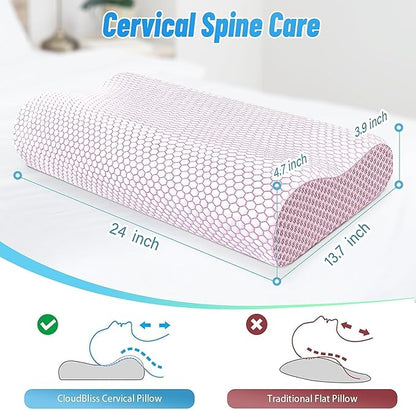CloudBliss Memory Foam Pillow, Ergonomic Neck Contour Cervical Pillow for Back and Shoulder Pain, Orthopedic Pillow for Neck Pain Relief, for Sleeping Side, Back, Stomach Sleepers - Pink, Standard
