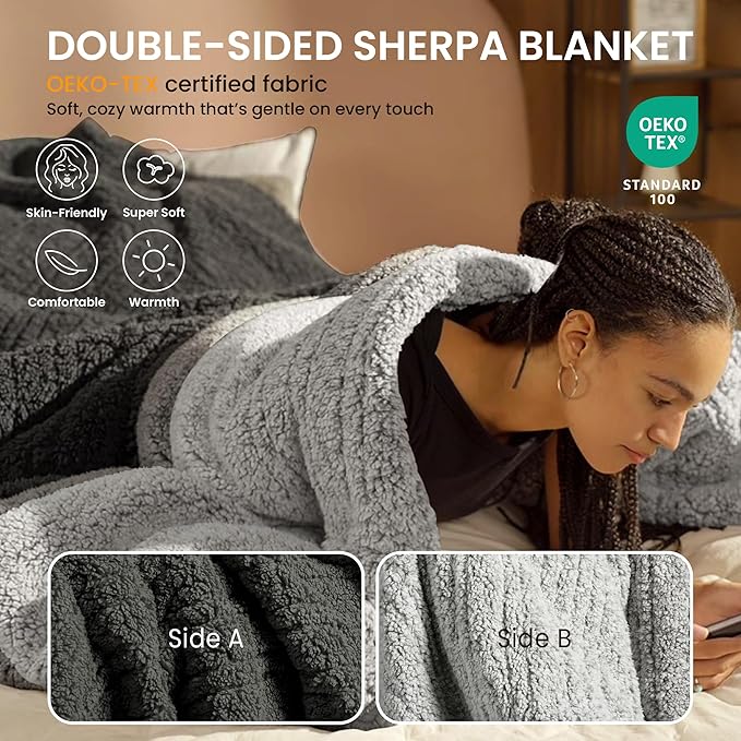 Heated Blanket Electric Blanket Queen - Fast Heating Blanket Throw Dual Control Double Sided Sherpa with 10 Heating Levels & 2-10 Hours Auto Off, Mashine Washable, 84 x 90 Inches, Grey