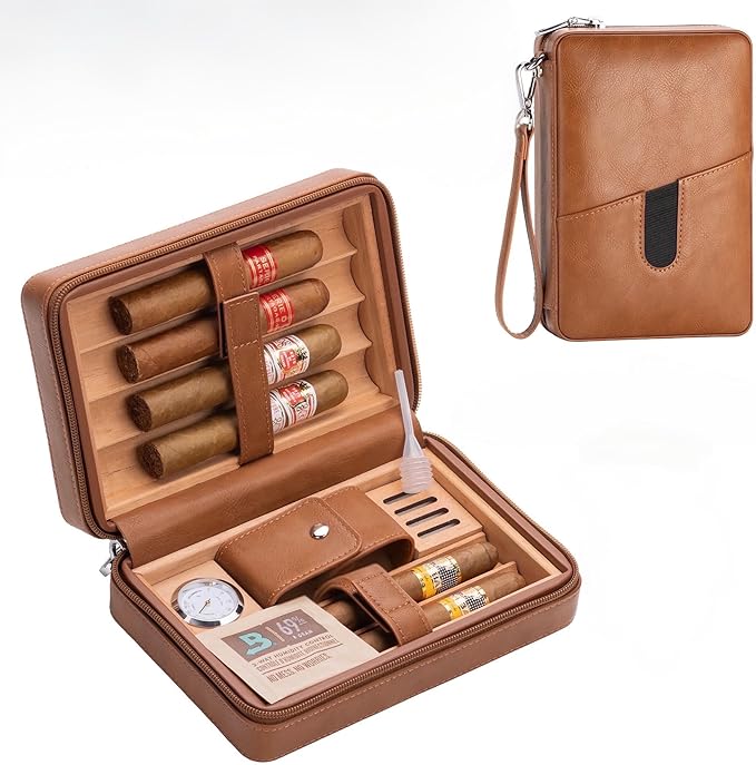 Cigar Humidor Box, Cedar Wood Lined Leather Cigar Case Build in Hygrometer and Humidifier, Travel Cigar humidor kit, Cigar Accessories Set for Man.