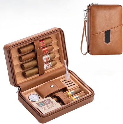 Cigar Humidor Box, Cedar Wood Lined Leather Cigar Case Build in Hygrometer and Humidifier, Travel Cigar humidor kit, Cigar Accessories Set for Man.